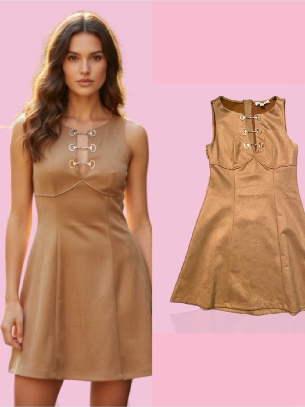 Francesca's Collections Tan Faux-suede Mini Dress with Metal Ring Detail